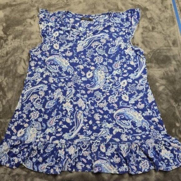 Lauren Ralph Lauren Shirt Womens 1X Blue Paisley Ruffle Hem Embroidered RL Tank - Picture 1 of 16